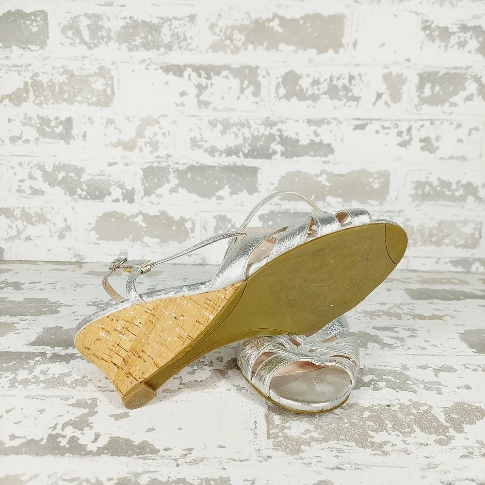 Talbots Women's Silver Genuine Leather Platform Strap Wedge Sandals V327